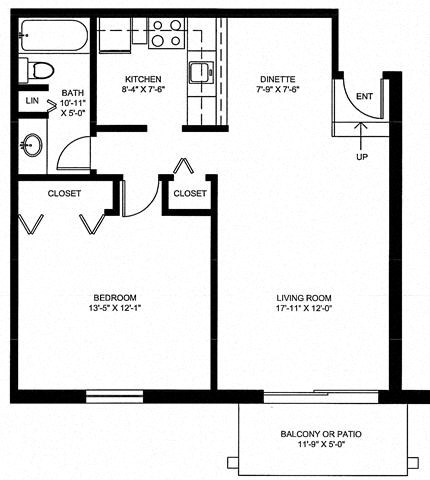 Floor plan for 1 bed, 1 bath, 704 sqft